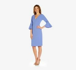 Adrianna Papell Lace-Trim Crepe Short Sheath Dress With Bell Sleeves In Misty Peri -Adrianna Papell Shop AP1D104716 AD494 Regular Side