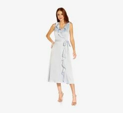 Adrianna Papell Satin Crepe Midi-Length Ruffled Faux Wrap Dress In Opal -Adrianna Papell Shop AP1D104720 AI498 Regular Alternate