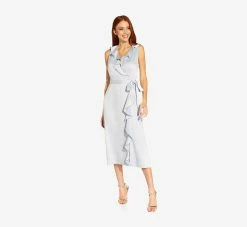 Adrianna Papell Satin Crepe Midi-Length Ruffled Faux Wrap Dress In Opal -Adrianna Papell Shop AP1D104720 AI498 Regular Side
