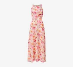 Adrianna Papell Floral-Print Chiffon Midi-Length Fit-And-Flare Halter Dress In Pink Multi -Adrianna Papell Shop AP1D104726 AE970 Regular Manniquin Front