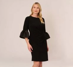 Adrianna Papell Plus Size Draped Jersey Short Sheath Dress With Bell Cuffs In Black