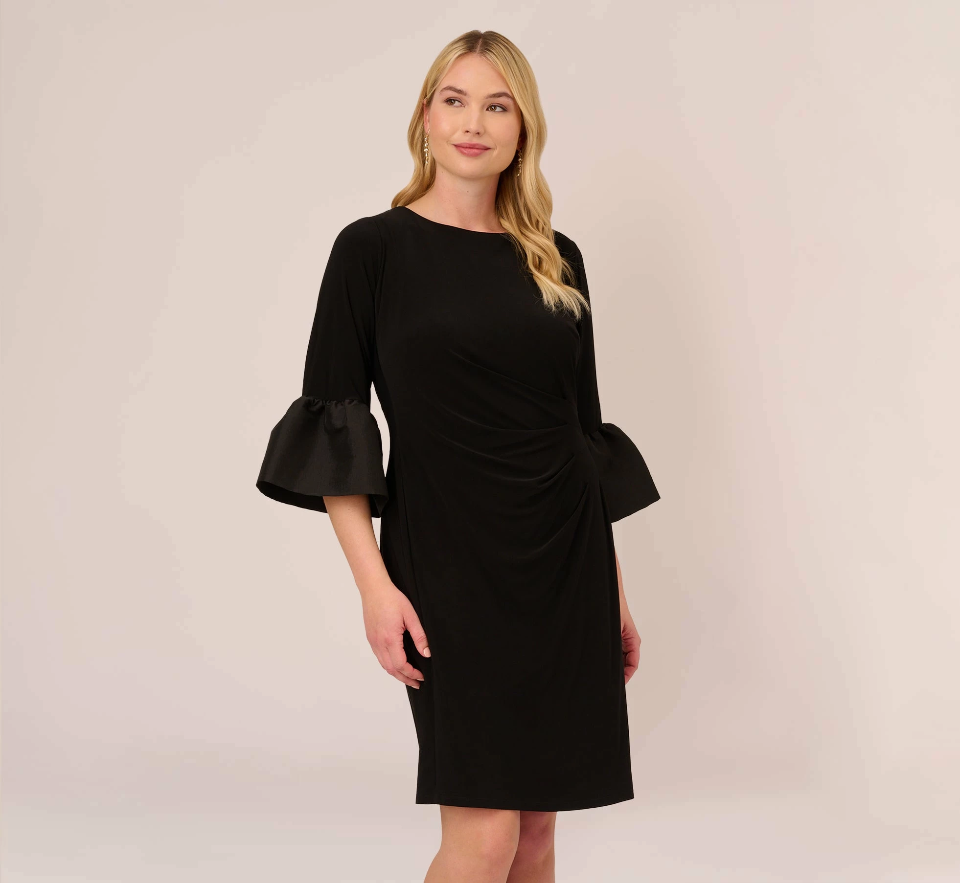 Adrianna Papell Plus Size Draped Jersey Short Sheath Dress With Bell Cuffs In Black 1 Adrianna Papell Plus Size Draped Jersey Short Sheath Dress With Bell Cuffs In Black