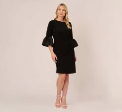 Adrianna Papell Plus Size Draped Jersey Short Sheath Dress With Bell Cuffs In Black 12 Adrianna Papell Plus Size Draped Jersey Short Sheath Dress With Bell Cuffs In Black -Adrianna Papell Shop AP1D104729 AA002 Plus Front