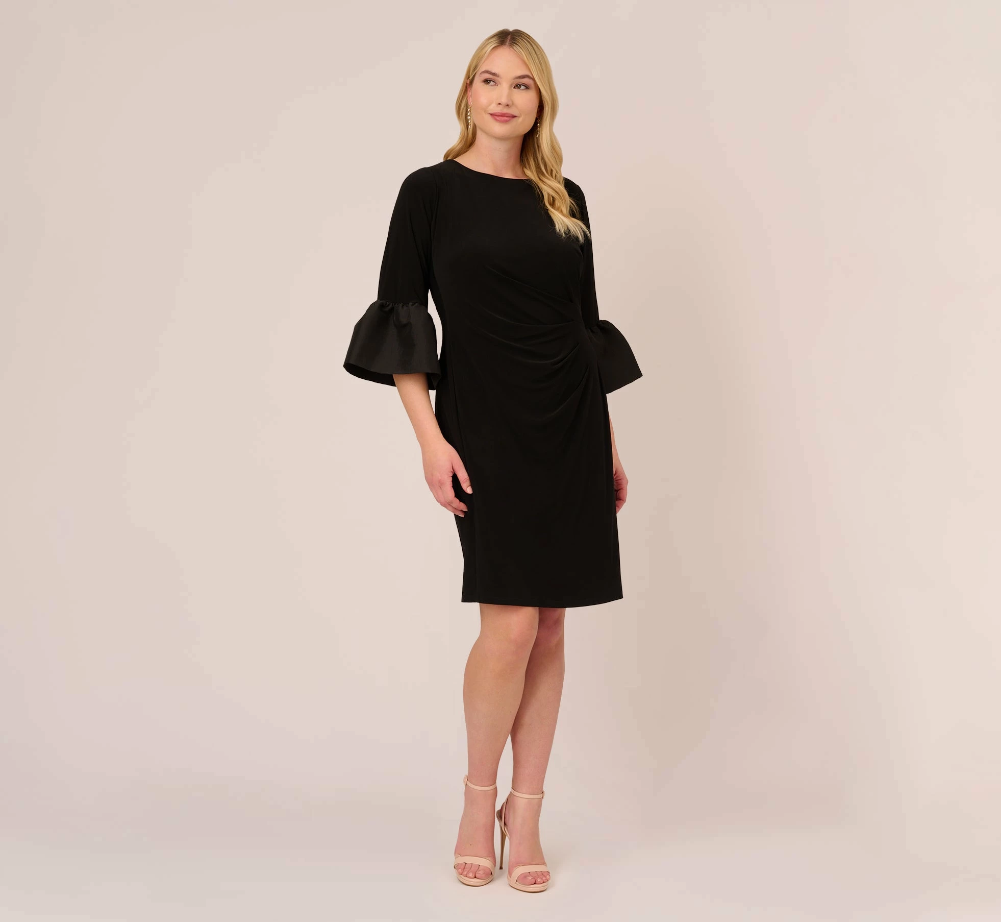 Adrianna Papell Plus Size Draped Jersey Short Sheath Dress With Bell Cuffs In Black 6 Adrianna Papell Plus Size Draped Jersey Short Sheath Dress With Bell Cuffs In Black - Image 6