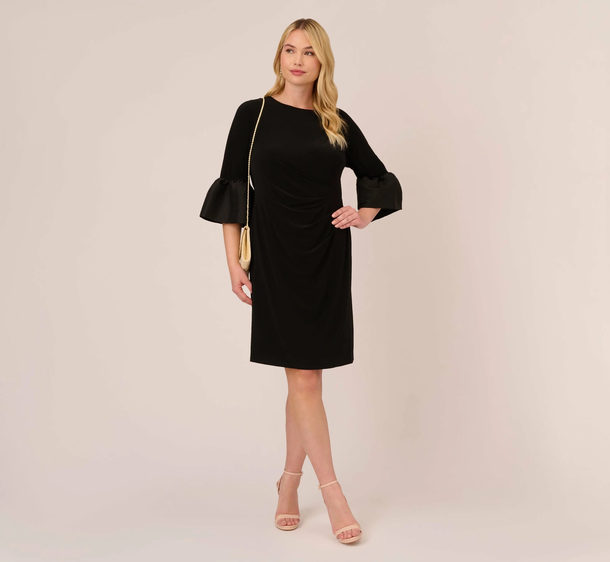 Adrianna Papell Plus Size Draped Jersey Short Sheath Dress With Bell Cuffs In Black 2 Adrianna Papell Plus Size Draped Jersey Short Sheath Dress With Bell Cuffs In Black - Image 2