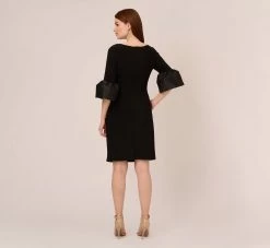 Adrianna Papell Draped Jersey Short Sheath Dress With Bell Cuffs In Black -Adrianna Papell Shop AP1D104729 AA002 Regular Back