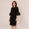 Adrianna Papell Draped Jersey Short Sheath Dress With Bell Cuffs In Black