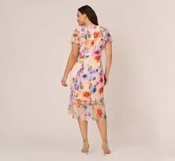 Adrianna Papell Plus Size Floral-Print Faux Wrap Midi-Length Ruffled Dress With Flutter Sleeves In Praline Multi 8 Adrianna Papell Plus Size Floral-Print Faux Wrap Midi-Length Ruffled Dress With Flutter Sleeves In Praline Multi -Adrianna Papell Shop AP1D104731 AJ267 Plus Back