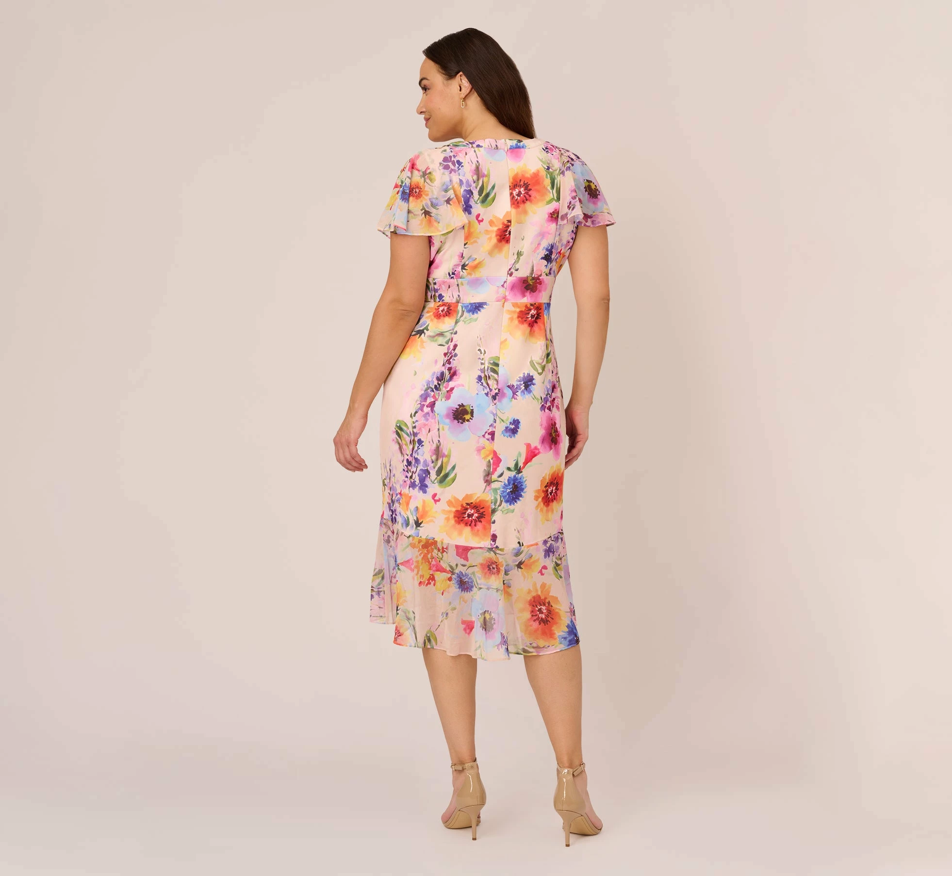 Adrianna Papell Plus Size Floral-Print Faux Wrap Midi-Length Ruffled Dress With Flutter Sleeves In Praline Multi 3 Adrianna Papell Plus Size Floral-Print Faux Wrap Midi-Length Ruffled Dress With Flutter Sleeves In Praline Multi - Image 3
