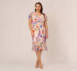 Adrianna Papell Plus Size Floral-Print Faux Wrap Midi-Length Ruffled Dress With Flutter Sleeves In Praline Multi