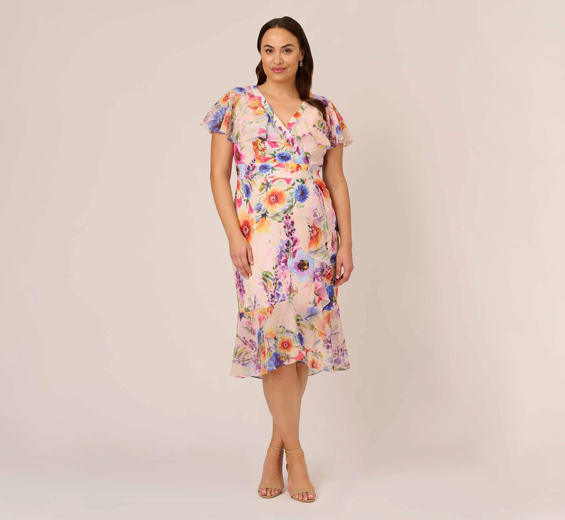 Adrianna Papell Plus Size Floral-Print Faux Wrap Midi-Length Ruffled Dress With Flutter Sleeves In Praline Multi 1 Adrianna Papell Plus Size Floral-Print Faux Wrap Midi-Length Ruffled Dress With Flutter Sleeves In Praline Multi
