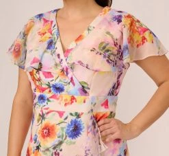 Adrianna Papell Plus Size Floral-Print Faux Wrap Midi-Length Ruffled Dress With Flutter Sleeves In Praline Multi 9 Adrianna Papell Plus Size Floral-Print Faux Wrap Midi-Length Ruffled Dress With Flutter Sleeves In Praline Multi -Adrianna Papell Shop AP1D104731 AJ267 Plus Detail