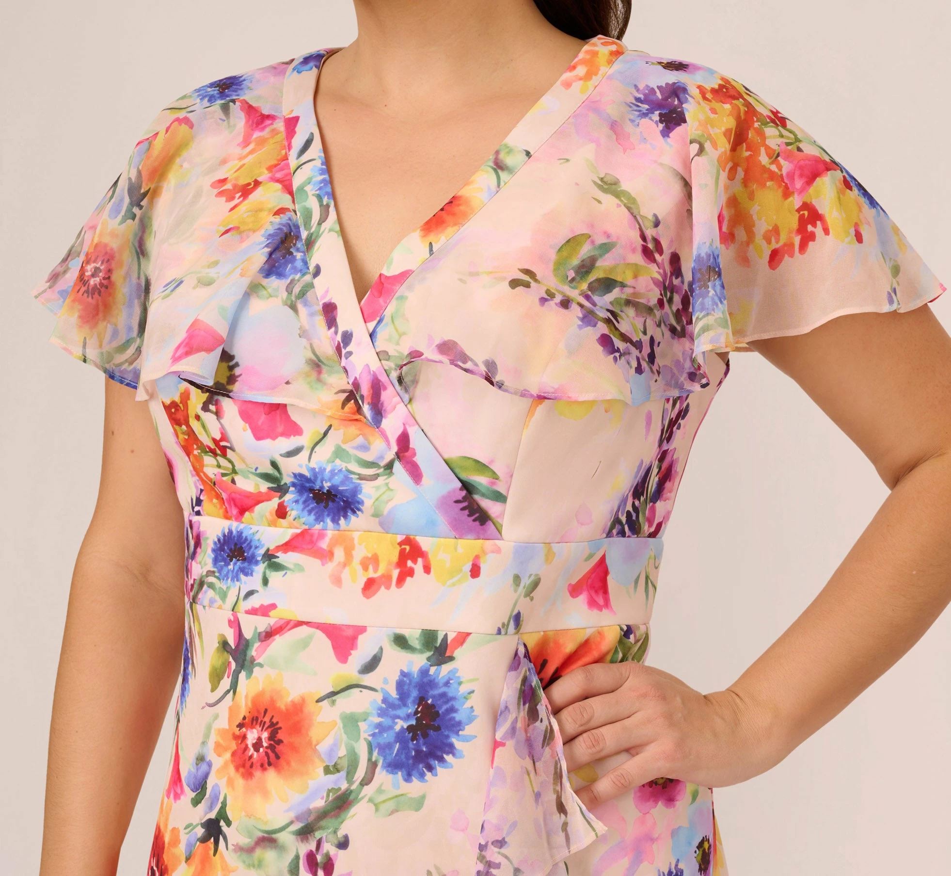 Adrianna Papell Plus Size Floral-Print Faux Wrap Midi-Length Ruffled Dress With Flutter Sleeves In Praline Multi 4 Adrianna Papell Plus Size Floral-Print Faux Wrap Midi-Length Ruffled Dress With Flutter Sleeves In Praline Multi - Image 4