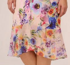 Adrianna Papell Plus Size Floral-Print Faux Wrap Midi-Length Ruffled Dress With Flutter Sleeves In Praline Multi 10 Adrianna Papell Plus Size Floral-Print Faux Wrap Midi-Length Ruffled Dress With Flutter Sleeves In Praline Multi -Adrianna Papell Shop AP1D104731 AJ267 Plus Lifestyle