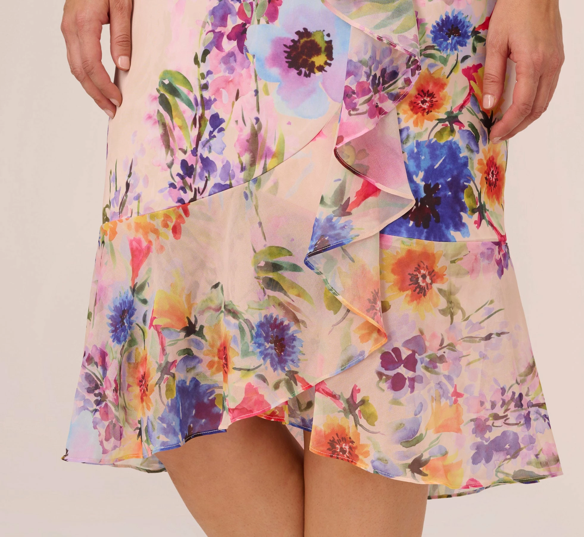 Adrianna Papell Plus Size Floral-Print Faux Wrap Midi-Length Ruffled Dress With Flutter Sleeves In Praline Multi 5 Adrianna Papell Plus Size Floral-Print Faux Wrap Midi-Length Ruffled Dress With Flutter Sleeves In Praline Multi - Image 5