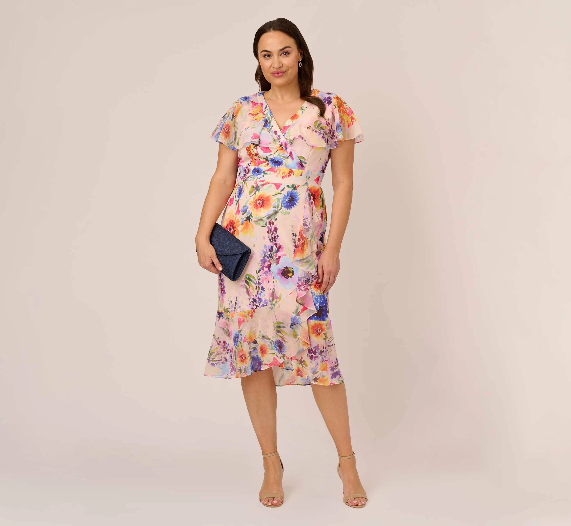 Adrianna Papell Plus Size Floral-Print Faux Wrap Midi-Length Ruffled Dress With Flutter Sleeves In Praline Multi 2 Adrianna Papell Plus Size Floral-Print Faux Wrap Midi-Length Ruffled Dress With Flutter Sleeves In Praline Multi - Image 2