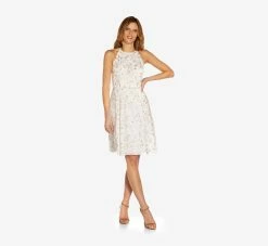 Adrianna Papell Metallic Floral Embroidered Short Fit-And-Flare Dress In Ivory Gold 7 Adrianna Papell Metallic Floral Embroidered Short Fit-And-Flare Dress In Ivory Gold -Adrianna Papell Shop AP1D104749 AK170 Regular Alternate