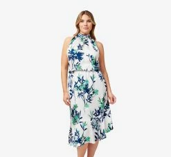 Adrianna Papell Plus Size Floral-Print Crepe Midi-Length Blouson Halter Dress In Ivory Multi