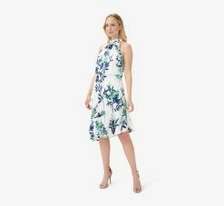 Adrianna Papell Floral-Print Crepe Midi-Length Blouson Halter Dress In Ivory Multi -Adrianna Papell Shop AP1D104753 AH170 Regular Side