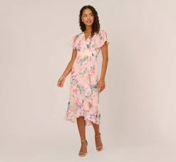 Adrianna Papell Floral-Print Twill Ruffled Midi-Length Faux Wrap Dress In Rose Multi