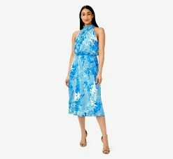 Adrianna Papell Floral-Print Mock Neck Midi-Length Chiffon Blouson Halter Dress In Peri Multi -Adrianna Papell Shop AP1D104758 AC494 Regular Side