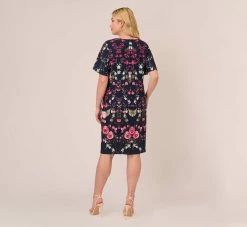 Adrianna Papell Plus Size Floral-Print Crepe Midi-Length Sheath Dress In Navy Multi 10 Adrianna Papell Plus Size Floral-Print Crepe Midi-Length Sheath Dress In Navy Multi -Adrianna Papell Shop AP1D104781 AA980 Plus Back