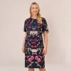 Adrianna Papell Plus Size Floral-Print Crepe Midi-Length Sheath Dress In Navy Multi