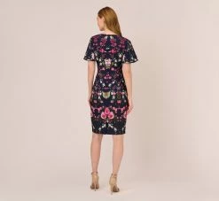Adrianna Papell Floral-Print Crepe Midi-Length Sheath Dress In Navy Multi -Adrianna Papell Shop AP1D104781 AA980 Regular Back