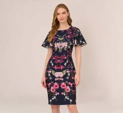 Adrianna Papell Floral-Print Crepe Midi-Length Sheath Dress In Navy Multi