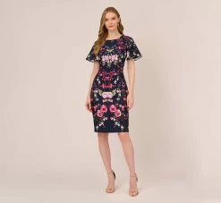 Adrianna Papell Floral-Print Crepe Midi-Length Sheath Dress In Navy Multi -Adrianna Papell Shop AP1D104781 AA980 Regular Front