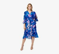 Adrianna Papell Plus Size Floral-Print Chiffon Short Wrap Dress In Blue Multi -Adrianna Papell Shop AP1D104808 AA461 Plus Alternate