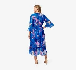 Adrianna Papell Plus Size Floral-Print Chiffon Short Wrap Dress In Blue Multi -Adrianna Papell Shop AP1D104808 AA461 Plus Back