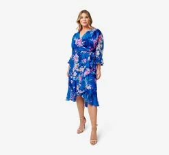 Adrianna Papell Plus Size Floral-Print Chiffon Short Wrap Dress In Blue Multi -Adrianna Papell Shop AP1D104808 AA461 Plus Side
