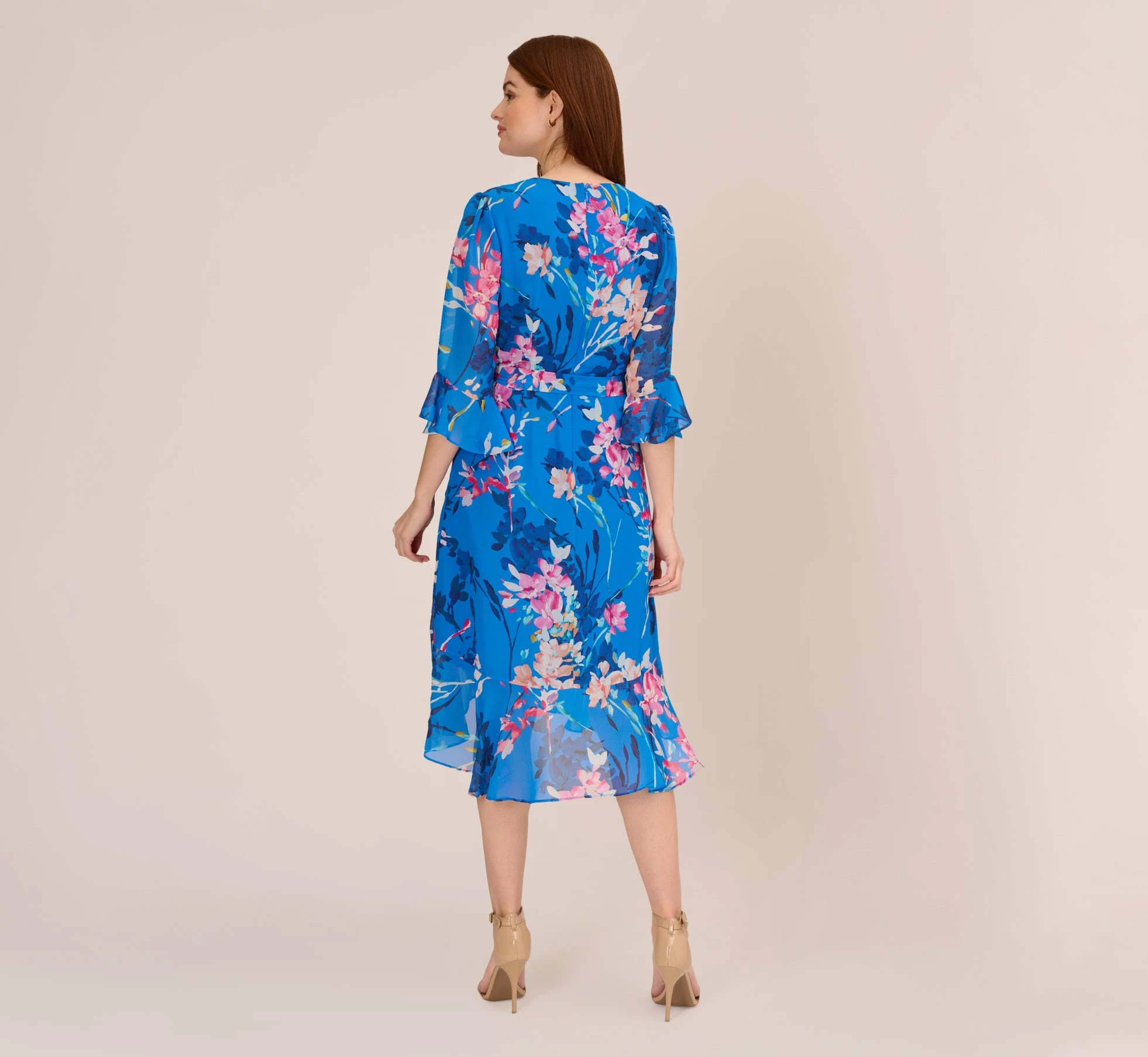 Adrianna Papell Floral-Print Chiffon Short Wrap Dress In Blue Multi 4 Adrianna Papell Floral-Print Chiffon Short Wrap Dress In Blue Multi - Image 4