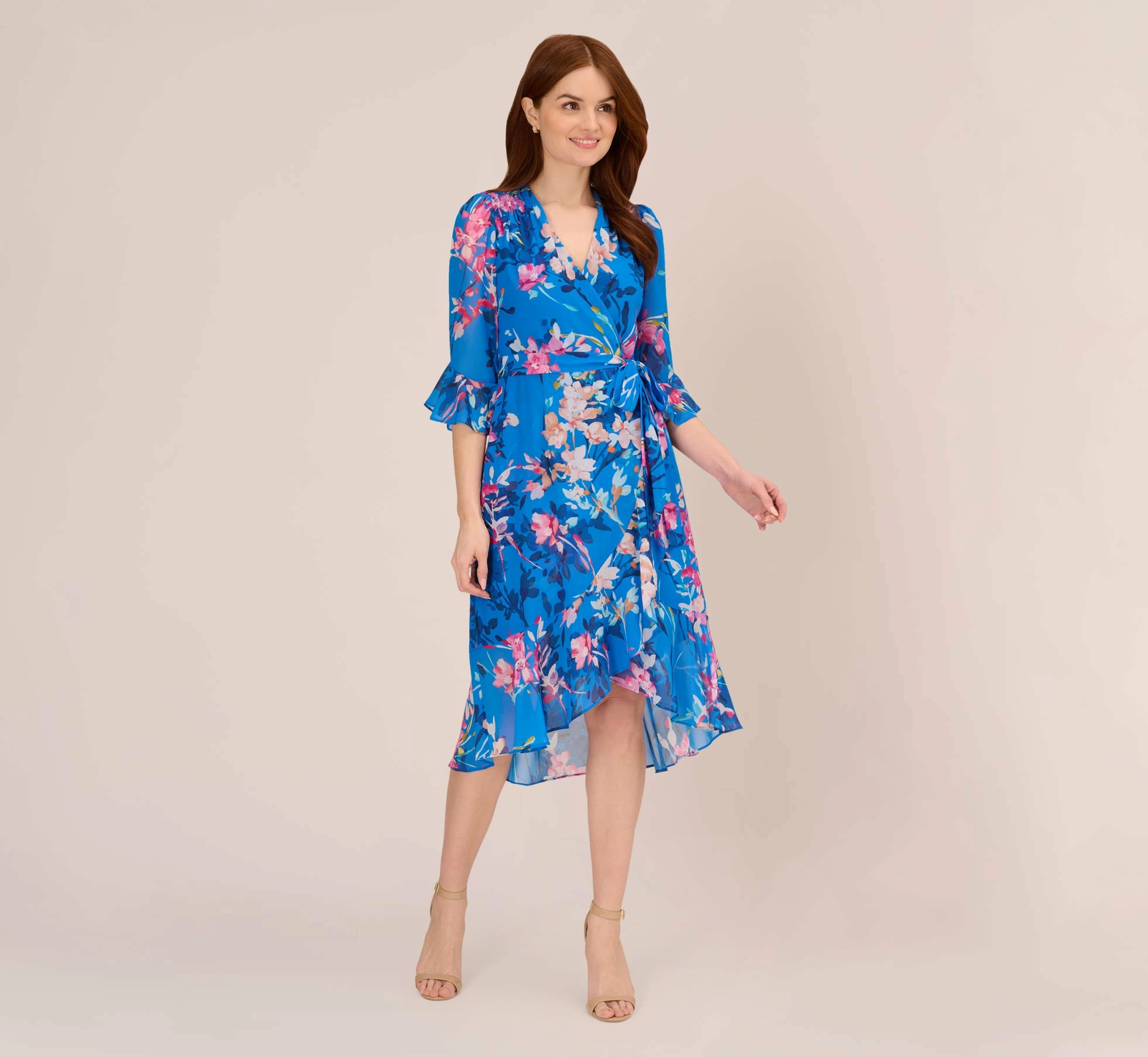 Adrianna Papell Floral-Print Chiffon Short Wrap Dress In Blue Multi 2 Adrianna Papell Floral-Print Chiffon Short Wrap Dress In Blue Multi - Image 2