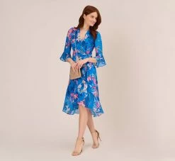 Adrianna Papell Floral-Print Chiffon Short Wrap Dress In Blue Multi