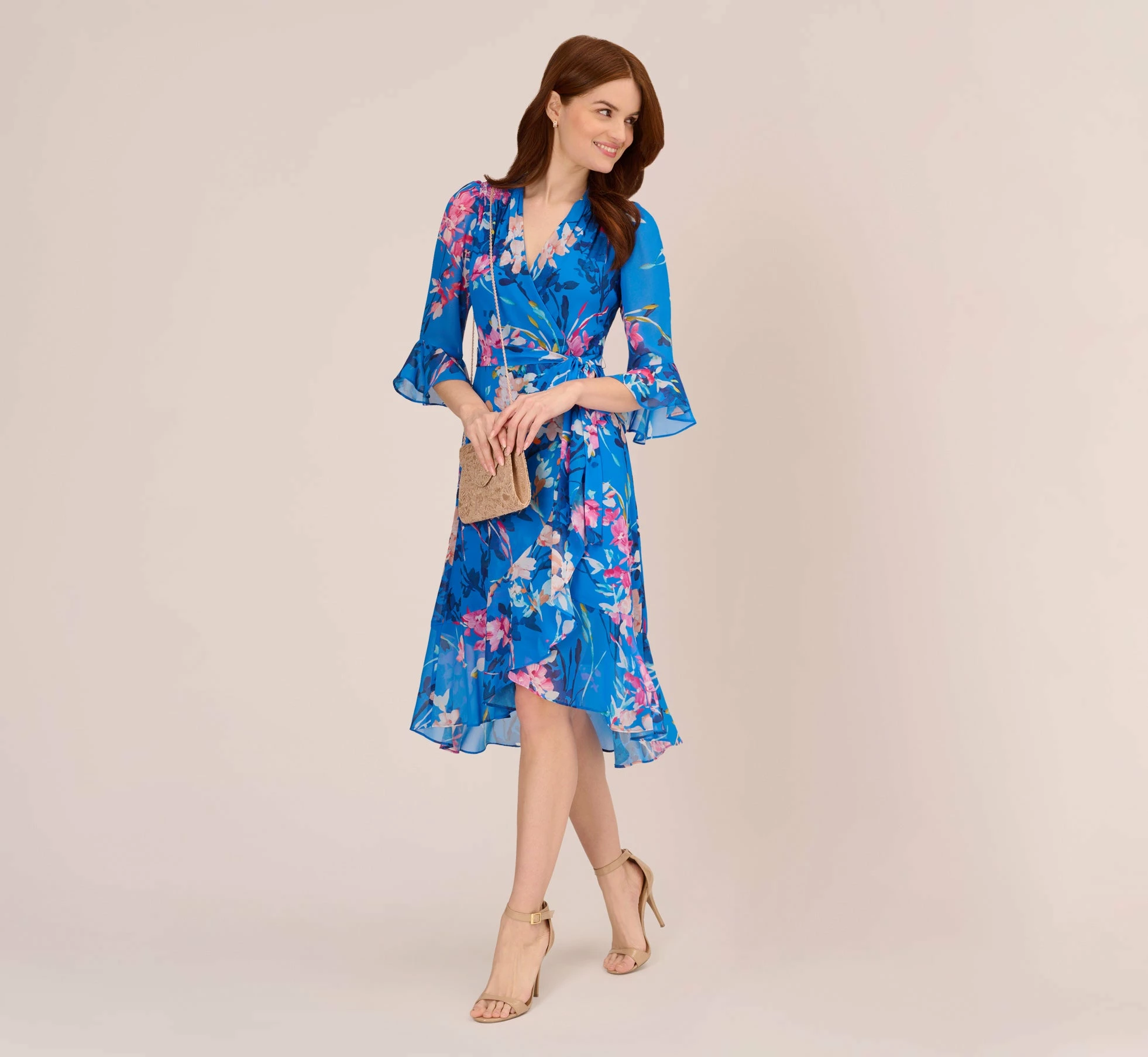 Adrianna Papell Floral-Print Chiffon Short Wrap Dress In Blue Multi 1 Adrianna Papell Floral-Print Chiffon Short Wrap Dress In Blue Multi