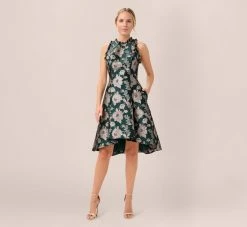 Adrianna Papell Metallic Floral Jacquard Ruffled Fit And Flare Short Day Dress In Hunter Multi