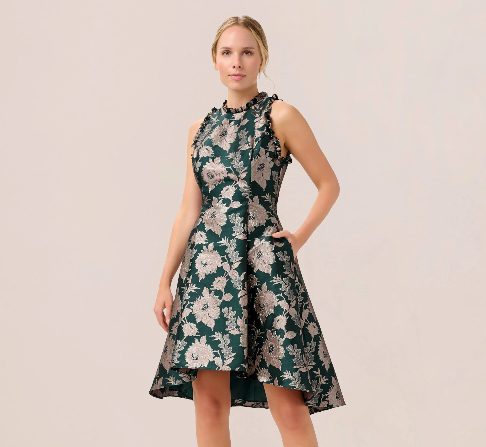 Adrianna Papell Metallic Floral Jacquard Ruffled Fit And Flare Short Day Dress In Hunter Multi 3 Adrianna Papell Metallic Floral Jacquard Ruffled Fit And Flare Short Day Dress In Hunter Multi - Image 3