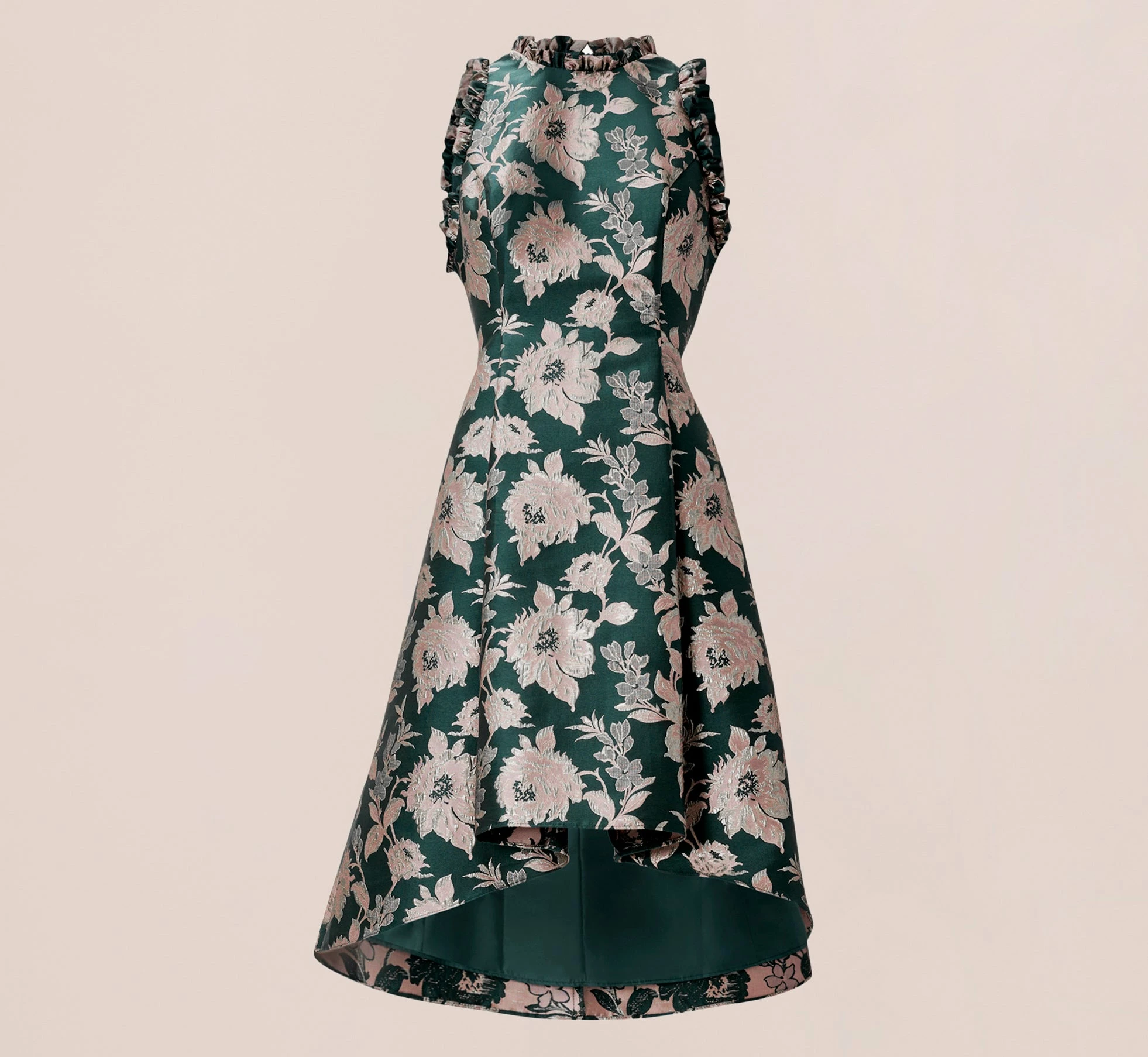 Adrianna Papell Metallic Floral Jacquard Ruffled Fit And Flare Short Day Dress In Hunter Multi 5 Adrianna Papell Metallic Floral Jacquard Ruffled Fit And Flare Short Day Dress In Hunter Multi - Image 5