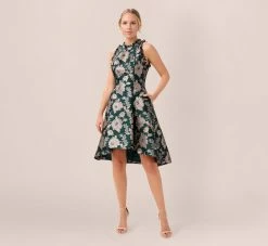 Adrianna Papell Metallic Floral Jacquard Ruffled Fit And Flare Short Day Dress In Hunter Multi 11 Adrianna Papell Metallic Floral Jacquard Ruffled Fit And Flare Short Day Dress In Hunter Multi -Adrianna Papell Shop AP1D104821 AH390 Regular Side