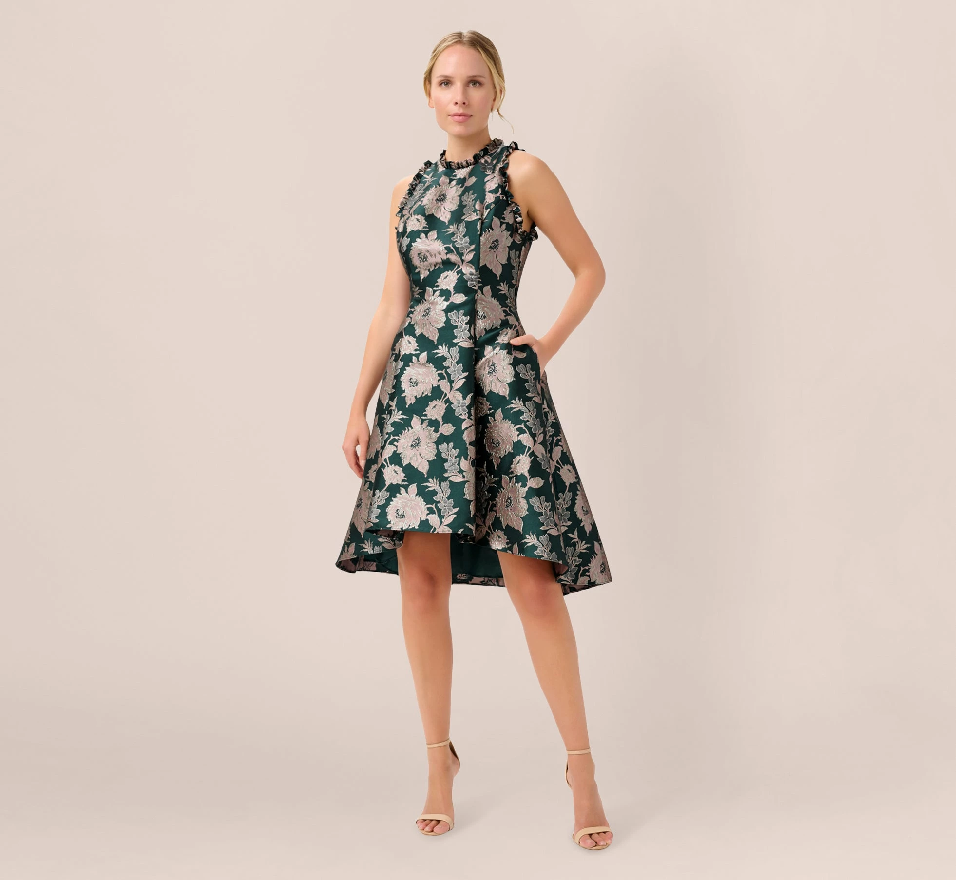 Adrianna Papell Metallic Floral Jacquard Ruffled Fit And Flare Short Day Dress In Hunter Multi 6 Adrianna Papell Metallic Floral Jacquard Ruffled Fit And Flare Short Day Dress In Hunter Multi - Image 6