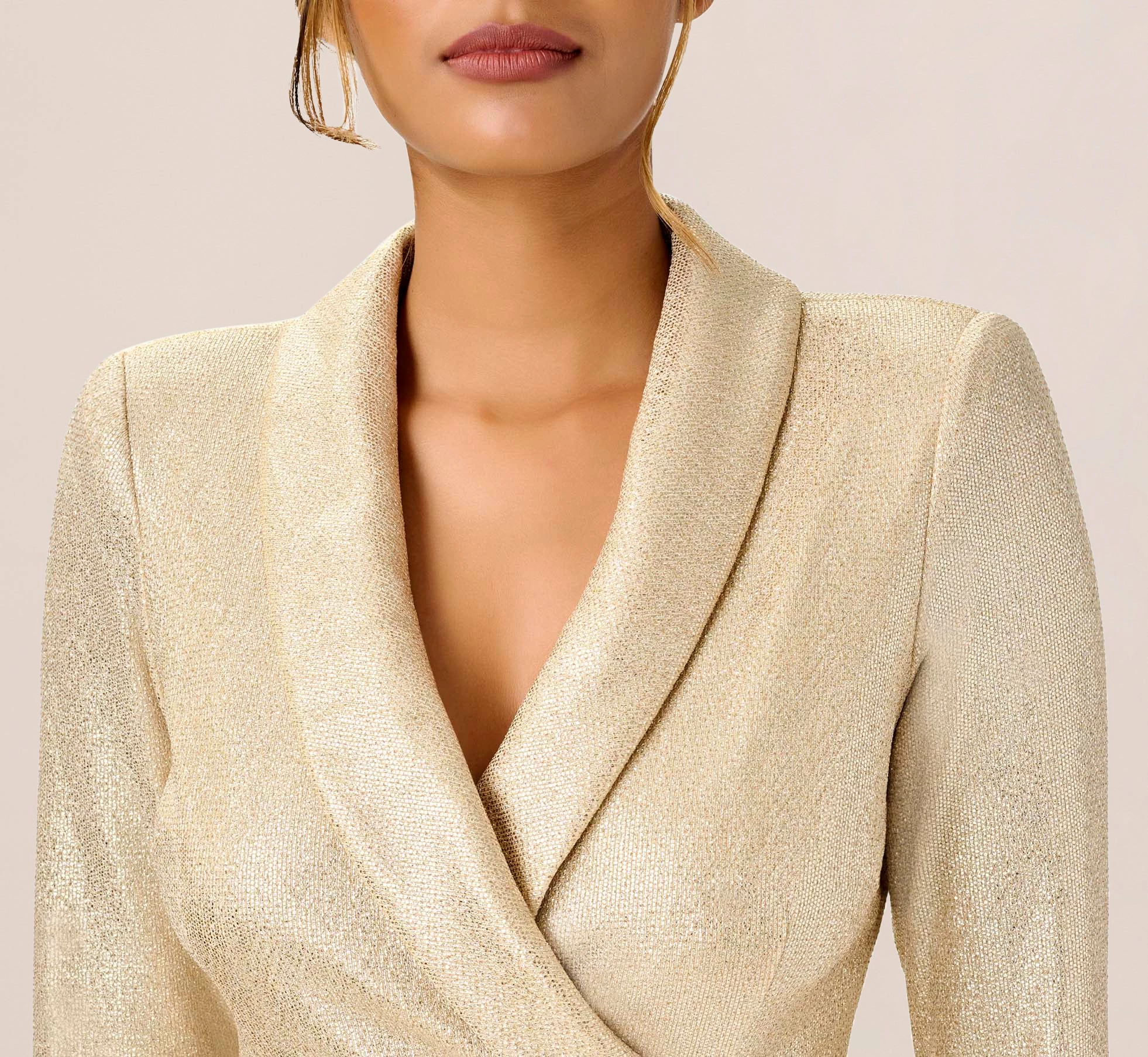 Adrianna Papell Metallic Jersey Short Wrap Tuxedo Dress In Gold 3 Adrianna Papell Metallic Jersey Short Wrap Tuxedo Dress In Gold - Image 3