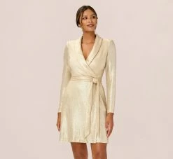 Adrianna Papell Metallic Jersey Short Wrap Tuxedo Dress In Gold