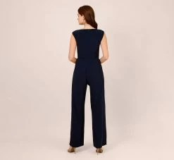 Adrianna Papell Stretch Jersey Twist-Front Jumpsuit With Overlay In Midnight -Adrianna Papell Shop AP1D104835 AB411 Regular Back