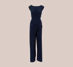Adrianna Papell Stretch Jersey Twist-Front Jumpsuit With Overlay In Midnight -Adrianna Papell Shop AP1D104835 AB411 Regular Flat