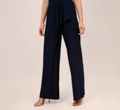 Adrianna Papell Stretch Jersey Twist-Front Jumpsuit With Overlay In Midnight -Adrianna Papell Shop AP1D104835 AB411 Regular Side