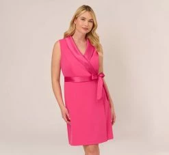 Adrianna Papell Plus Size Crepe Tuxedo Short Faux Wrap Dress In Cabaret Pink