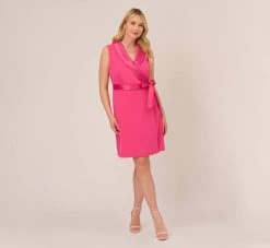 Adrianna Papell Plus Size Crepe Tuxedo Short Faux Wrap Dress In Cabaret Pink -Adrianna Papell Shop AP1D104838 AN672 Plus Front