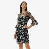 Adrianna Papell Floral Embroidered Illusion Short Sheath Dress With Bell Sleeves In Black Multi